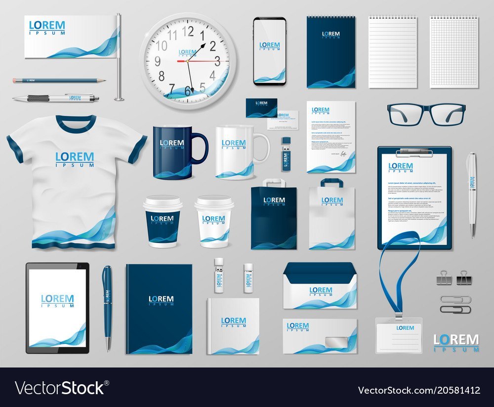 Corporate Branding identity template design. Modern Stationery mockup for shop with modern blue structure. Business style stationery and documentation. Vector illustration