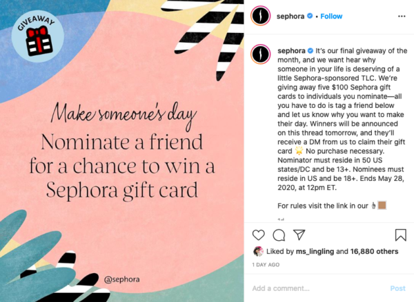 Sephora ได้สร้างโพสต์ขึ้นเพื่อให้ลูกค้าที่สนใจ โดยการแท็กเพื่อนและตอบคำถาม ในคอมเมนต์ เพื่อรับ Gift Card ฟรีและนำไปใช้ชอปปิงได้ในวงเงิน $100 ดอลลาร์