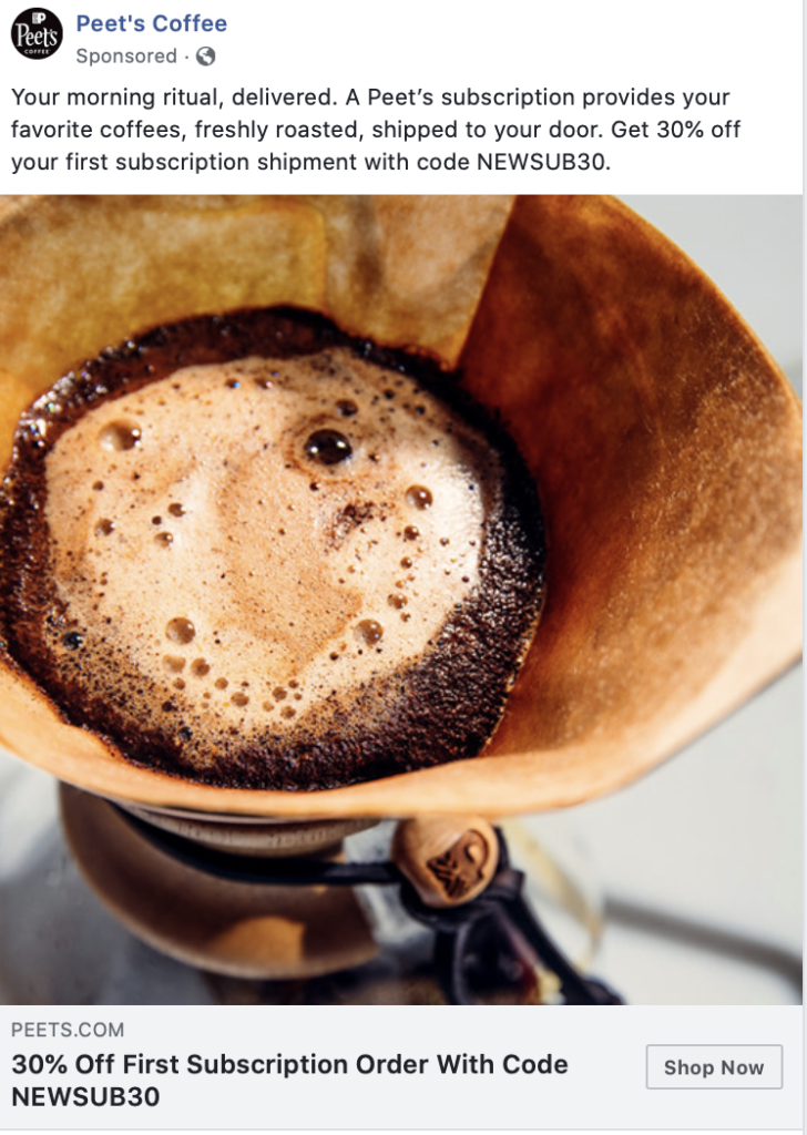 Peet’s Coffee ยื่นข้อเสนอด้วยการลดราคา 30% เมื่อลูกค้ากดสั่งกาแฟด้วยการใช้รหัสสินค้า