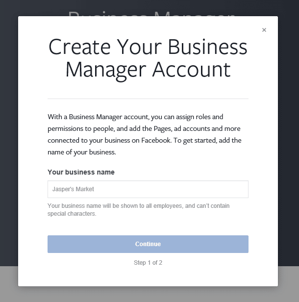 หน้าต่างกรอกชื่อธุรกิจบน Facebook Business Manager