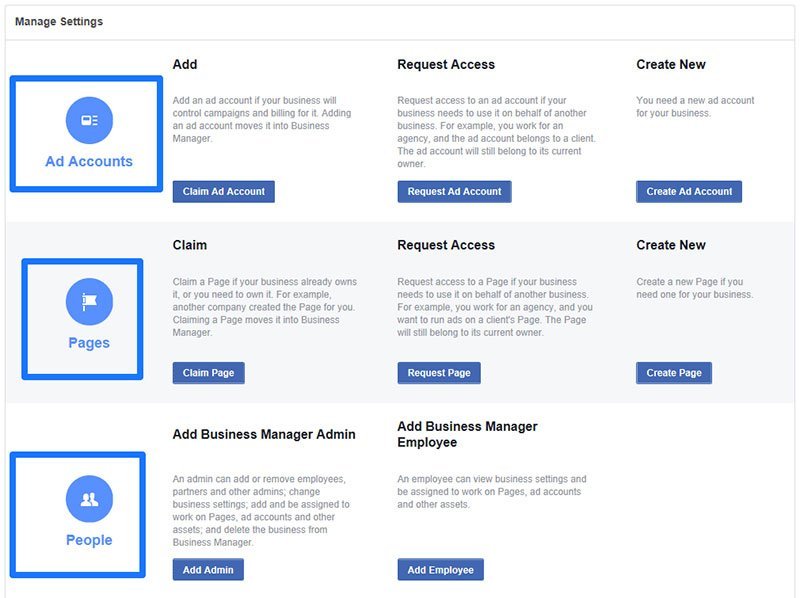 ตัวเลือกจัดการการตั้งค่าธุรกิจใน Facebook Business Manager