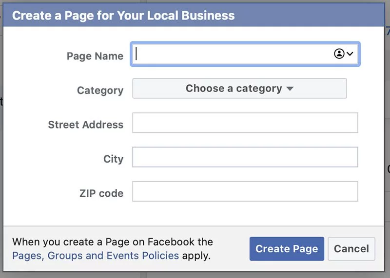 หน้าต่างสำหรับกรอกข้อมูลเพจใน Facebook Business Manager