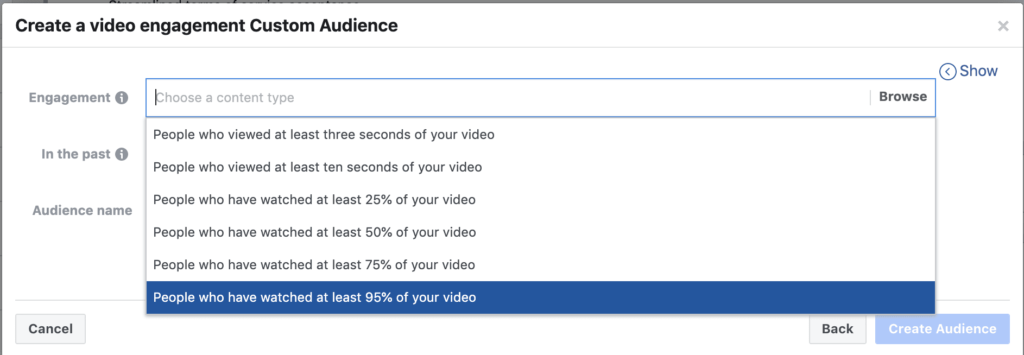 ในเมนู Engagement คุณสามารถเลือกวิดีโอได้มากกว่า 1 ตัวและสามารถเลือกระยะเวลาที่ผู้ใช้ Facebook เคยกดเข้ามา