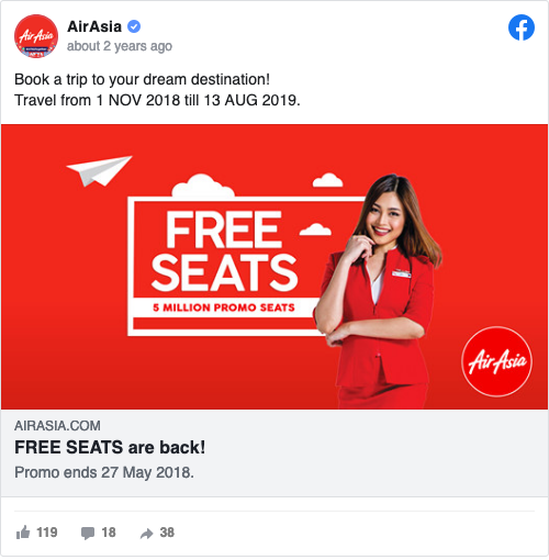 ตัวอย่าง Facebook Ad จาก Air Asia ที่มีการใช้ข้อความ “FREE SEAT” เพื่อดึงดูดความสนใจให้คนคลิกเข้ามาจองที่นั่ง