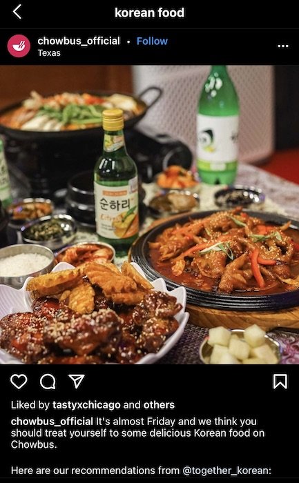 หากเราลองคลิกภาพแรก ก็จะเห็นว่าในแคปชันของคอนเทนต์นี้มีคำว่า Korean Food อยู่ซึ่ง Keyword นี้ไม่ใช่แฮชแท็ก หรือชื่อ Account 