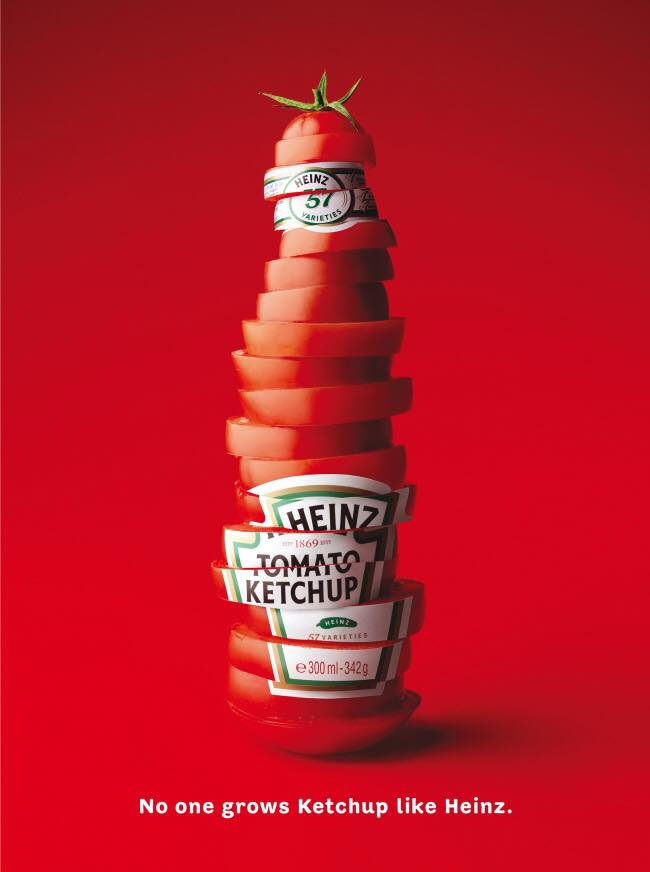 ตัวอย่างโฆษณาอย่างซอสมะเขือเทศของ Heinz ที่ได้เสริมสร้างจินตนาการผ่านการเล่าเรื่องโดยใช้รูปภาพของขวดมะเขือเทศที่ถูกประกอบมาจากลูกมะเขือเทศสดๆ จึงสามารถสื่อสารความเป็นซอสมะเขือเทศได้ในรูปภาพเดียว