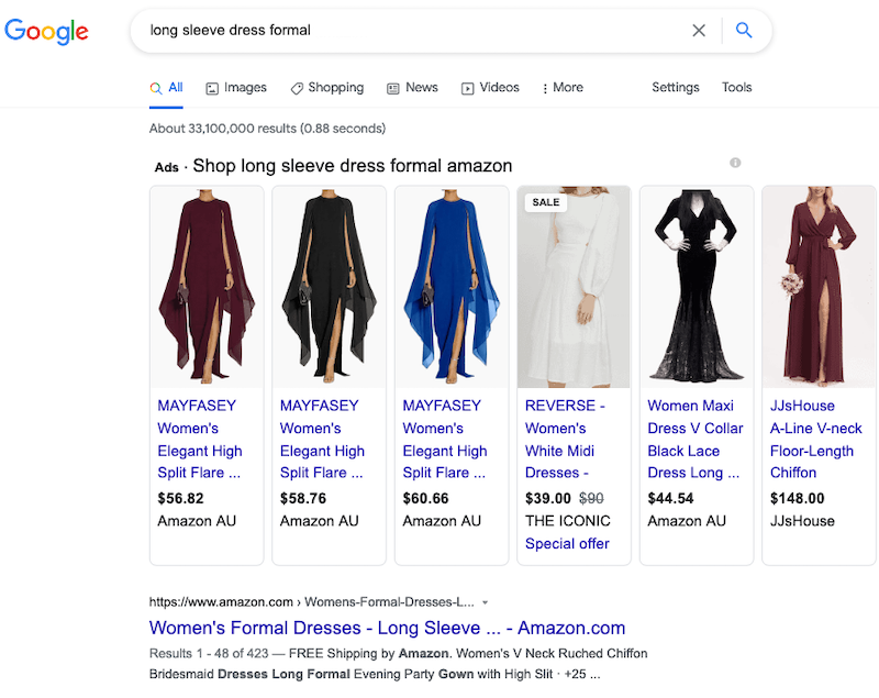 ตัวอย่างผลลัพธ์การค้นหาด้วยการใช้ Long Tail Keywords จากหน้า SERP ที่มีเว็บไซต์ Amazon เป็นตัวเลือกตัวแรกของการค้นหา