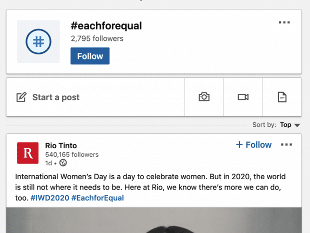 #EachforEqual เป็น Hahtag ที่สร้างขึ้นเพื่อ สนับสนุนสิทธิมนุษยชนในด้านต่าง ๆ บน Linkedin ซึ่งทาง Linkin เองก็ออกมาทำฟีเจอร์ Hashtag เพื่อให้คนติดตามกัน