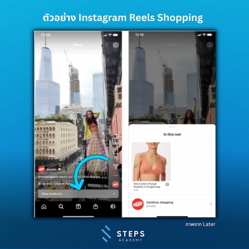 Instagram Reels Shopping เป็นอีกช่องทางที่ดีในการขายสินค้า สำหรับคนที่ถนัดการทำคอนเทนต์วิดีโด ซึ่งตอนนี้ผู้ชมที่ดูวิดีโออยู่สามารถกดปุ่ม “ดูสินค้า”